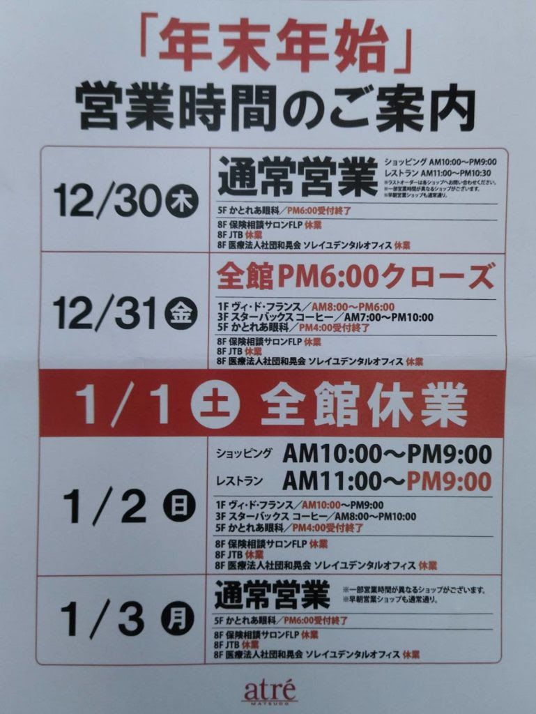 アトレ松戸の年末年始 21 22 営業日と営業時間の現地状況 元旦は全館休業 松戸ロード 松戸の地域情報
