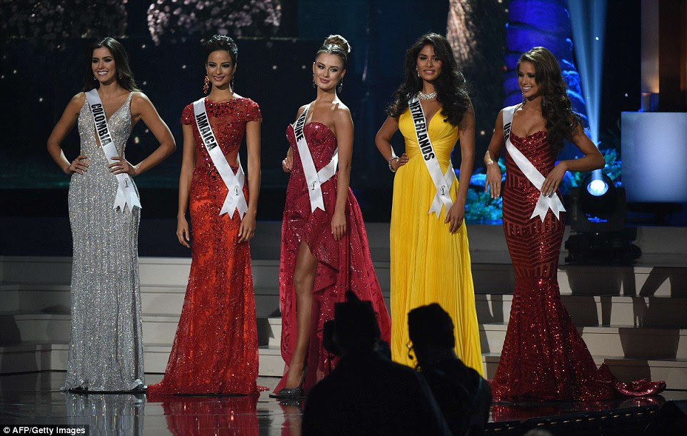 The top five finalists:  Miss Colombia Paulina Vega; Miss Jamaica Kaci Fennell;Miss Ukraine  Diana Harkusha; Miss Netherlands Yasmin Verheijen; and Miss USA Nia Sanchez