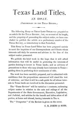 Texas land titles : an essay (preliminary to the Texas 