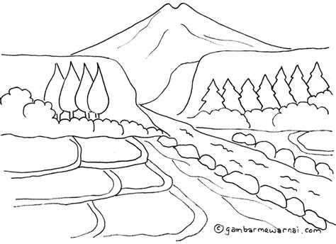 mewarnai gambar pemandangan gunung  sawah gambar mewarnai