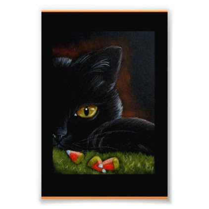 HALLOWEEN BLACK KITTEN CAT & CANDY CORNS PRINT