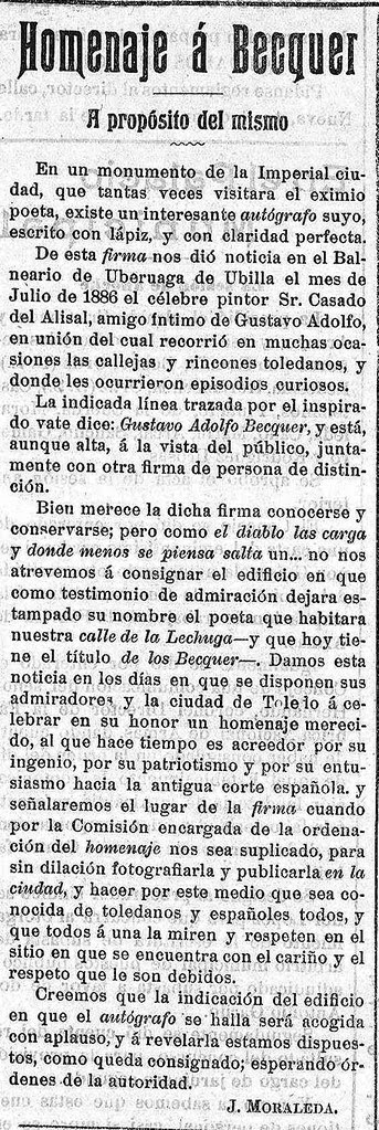 Noticia del grafito de Bécquer en Toledo por Juan Moraleda publicada en el Eco Toledano el 25 de febrero de 1915 2