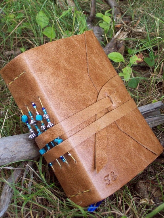 Beaded Freedom Leather Journal in Primitive Brown- 6"x9" Large - FREE MONOGRAMMING - Choose your own journal color