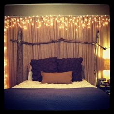 Canopy lit up with Christmas lights over bed: love this Canopy Bed Diy ...