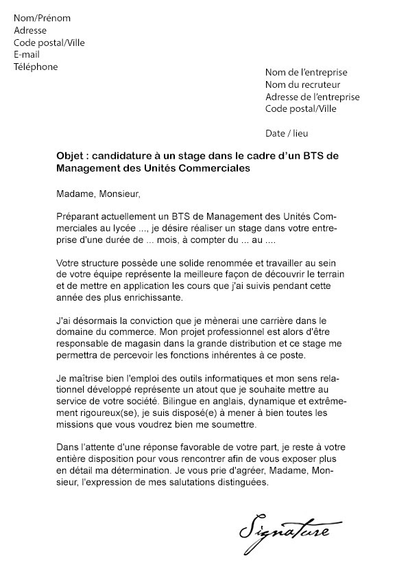 Reponse a une demande de stage - Modele de lettre type
