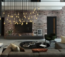 Black cords accentuate the feature lighting arrangement rather than serving as a simple facilitating factor. The smooth vertical lines come together to create an artistic piece that spans the levels of the home.