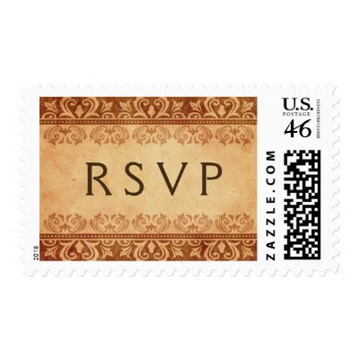Elegant brown lace damask RSVP postage stamp