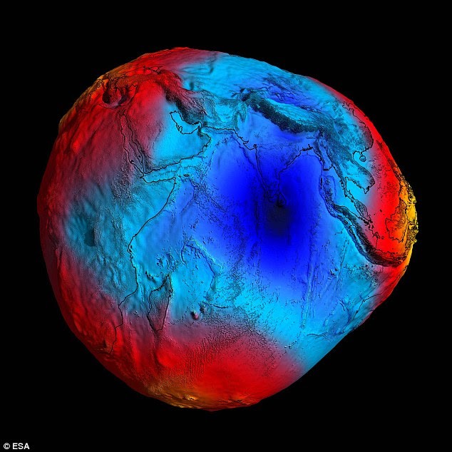 During its mission, GOCE produced a unique model of the geoid, which is essentially a virtual surface of Earth where water does not flow from one point to another. The colours in the image represent deviations in height from an ideal geoid. The blue shades represent low values and the reds/yellows represent high values