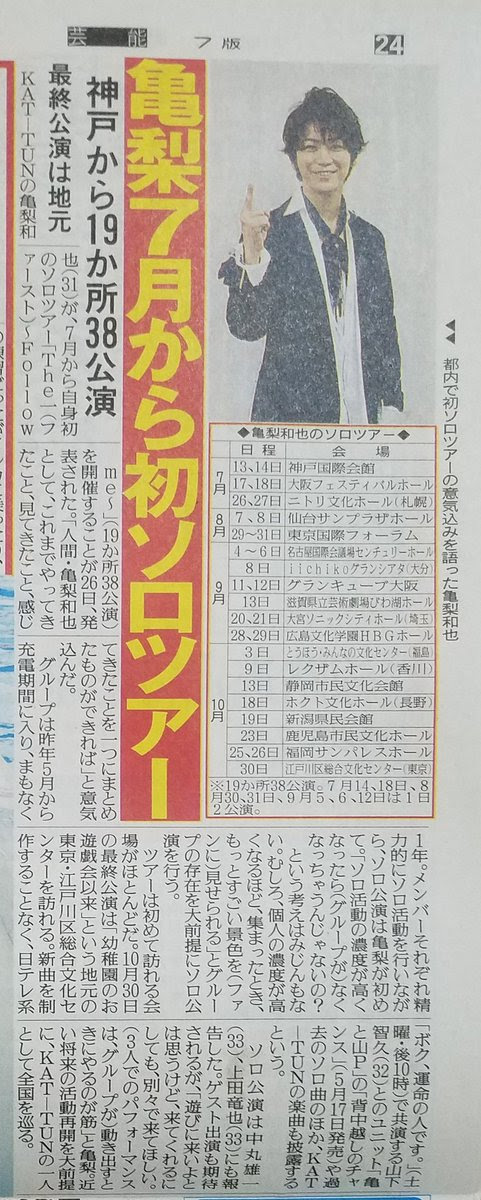 Kat Tun亀梨がソロツアー 幼稚園のお遊戯会で主役を演じた江戸川区