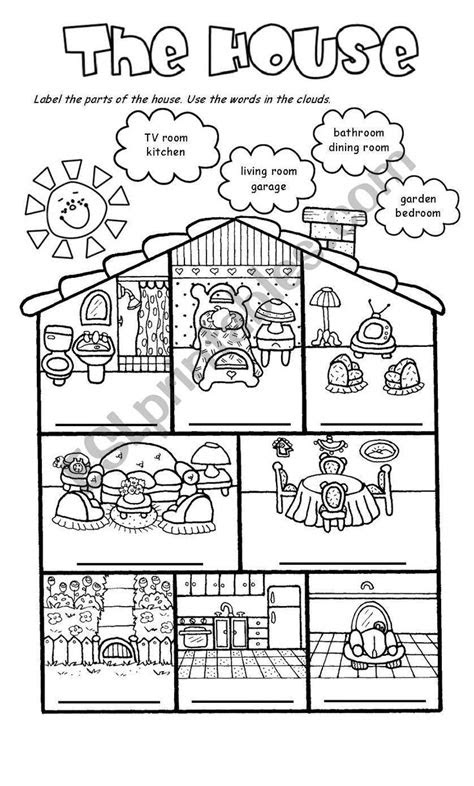 Label the parts of the house. Use the words in the clouds
