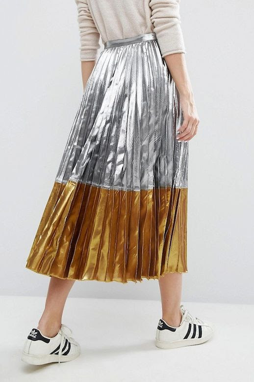 Le Fashion Blog Fall Style Under 100 Budget Beige Sweater Two Tone Metallic Silver And Gold Pleated Skirt Adidas Sneakers Via ASOS
