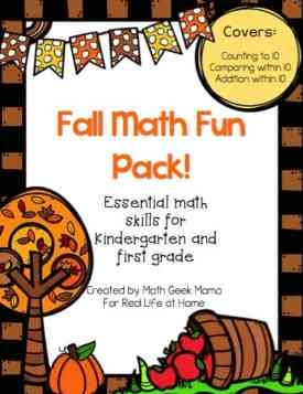 Grab this cute set of early math printable pages for Fall! This set covers counting, comparing and adding numbers within 10. Plus, all pages are black and white for easy printing!