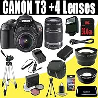 Canon EOS Rebel T3 SLR w/ 18-55mm IS II Lens + Canon EF-S 55-250mm f/4.0-5.6 IS Telephoto Zoom Lens + LPE10 Battery / Charger + Wide Angle/Telphoto Lenses + External Flash + Filter Kit + 32GB SDHC DavisMAX HDMI Bundle