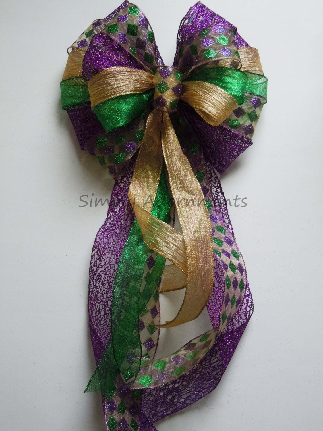 Mardi Gras Wreath Bow Purple Gold Green Harlequin Bow Mardi Gras Christmas Tree Topper Bow Large Gift Bow