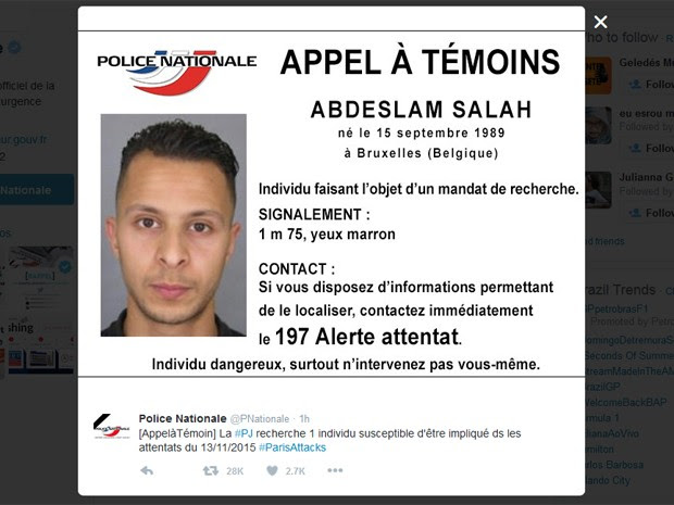 Abdeslam Salah, de 26 anos, é procurado pela polícia. (Foto: Reprodução/Twitter da polícia francesa)