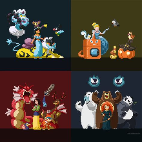 disney princesses  pokemon trainers pixel art