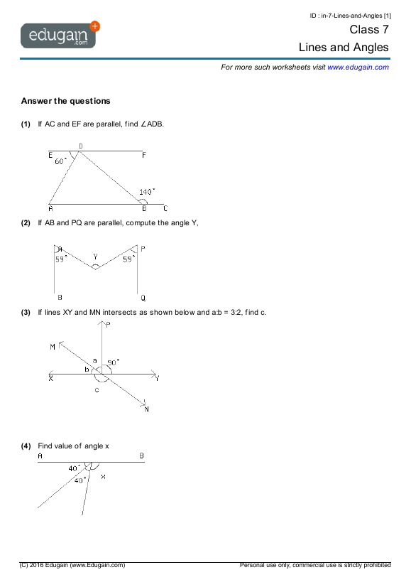 Grade 7 Math Worksheets and Problems: Lines and Angles | Edugain Global