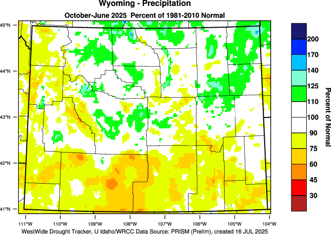 Wyoming: Water Year Percent of Normal Precipitation