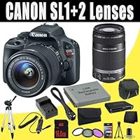 Canon EOS Rebel SL1 18.0 MP CMOS Digital SLR with 18-55mm EF-S IS STM Lens + EF-S 55-250mm f/4.0-5.6 IS Telephoto Zoom Lens + LP-E12 Replacement Lithium Ion Battery + External Rapid Charger + 16GB SDHC Class 10 Memory Card + 58mm 3 Piece Filter Kit + Mini HDMI Cable + Carrying Case + Full Size Tripod + Multi Card USB Reader + Memory Card Wallet + Deluxe Starter Kit DavisMAX Bundle
