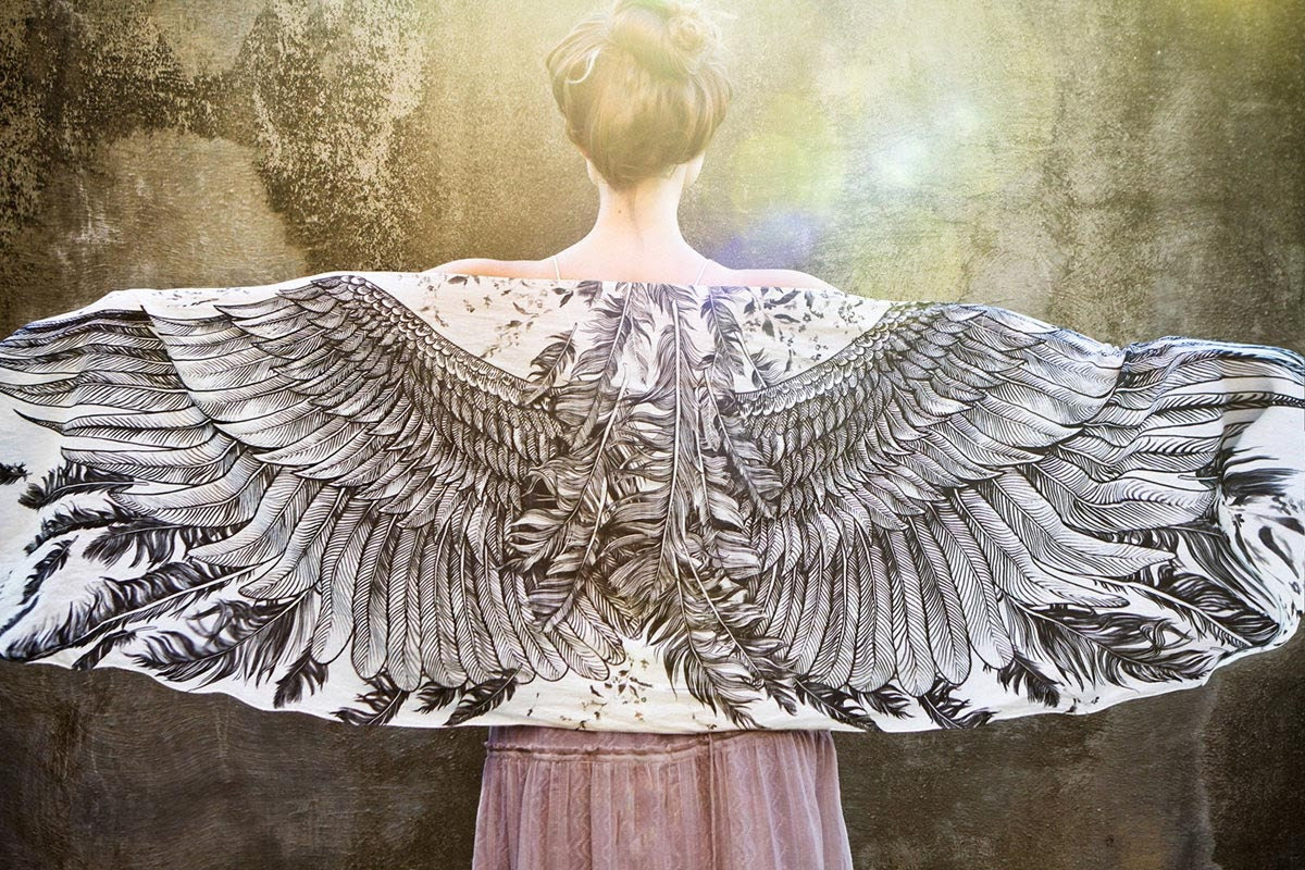 White Cotton Women scarf, Hand painted Wings and feathers, stunning unique and useful, perfect gift - Shovava