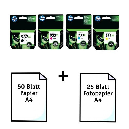  4x Original HP Patronen 932XL  &  933XL (CN053AE + CN054AE + CN055AE + CN056AE) Schwarz, Cyan, Magenta, Gelb + gratis 50 Blatt A4 SilverTrade Papier + 25 Blatt A4 SilverTrade Fotopapier für HP Officejet 6600 / 6700 / 6700 Premium / 6100 e-Printer