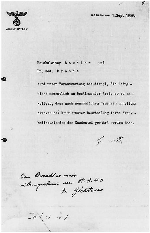 Carta de Hitler encargando la puesta en marcha del programa de «muerte piadosa».