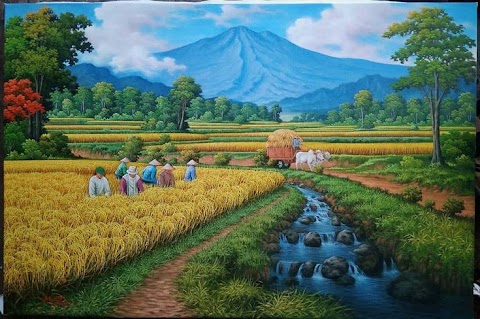 pemandangan sawah padi lukisan