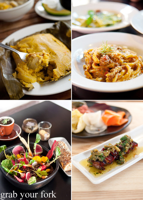 Tamale from Colombia Organik; strozza preti al ragu di carne at Pasta Emilia; smoked wagyu tongue at Nomad; and winter vegetables at In The Annex