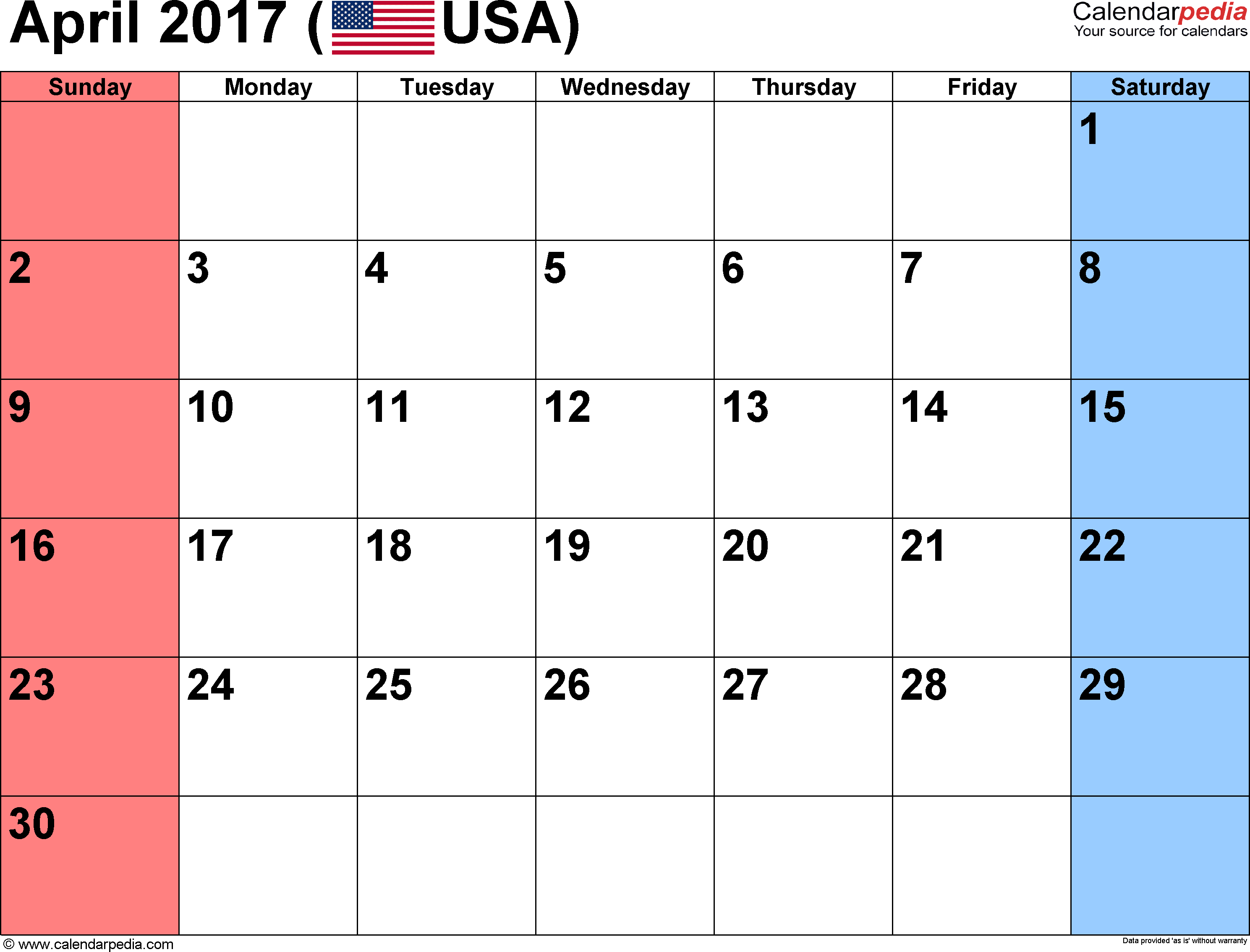 April 2017 Calendars for Word, Excel & PDF