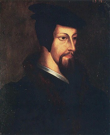 Oil painting of a young John Calvin.