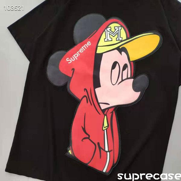 年新品 シュプリーム ミッキーコラボ Tシャツ 可愛い 半袖 ペアルックｔシャツ Supreme Mickey ティーシャツ