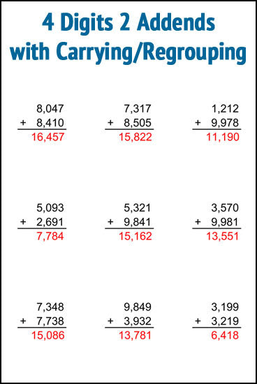 4 Digits 2 Addends With Carrying/Regrouping - Addition Worksheets