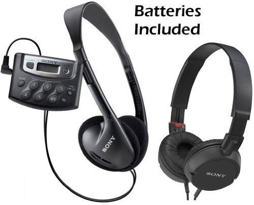 Sony Walkman Digital Tuning Portable Palm Size AM/FM Stereo Radio (Black) with Weather Band, 20 Station Preset Memory, DX Switch for Exceptional Reception, Convenient Belt Clip, Over the Head Stereo Headphones & Lightweight Studio Monitor Series Swivel Headphones - Batteries Included - Designed for Jogging, Walking, Exercising & Bike Riding