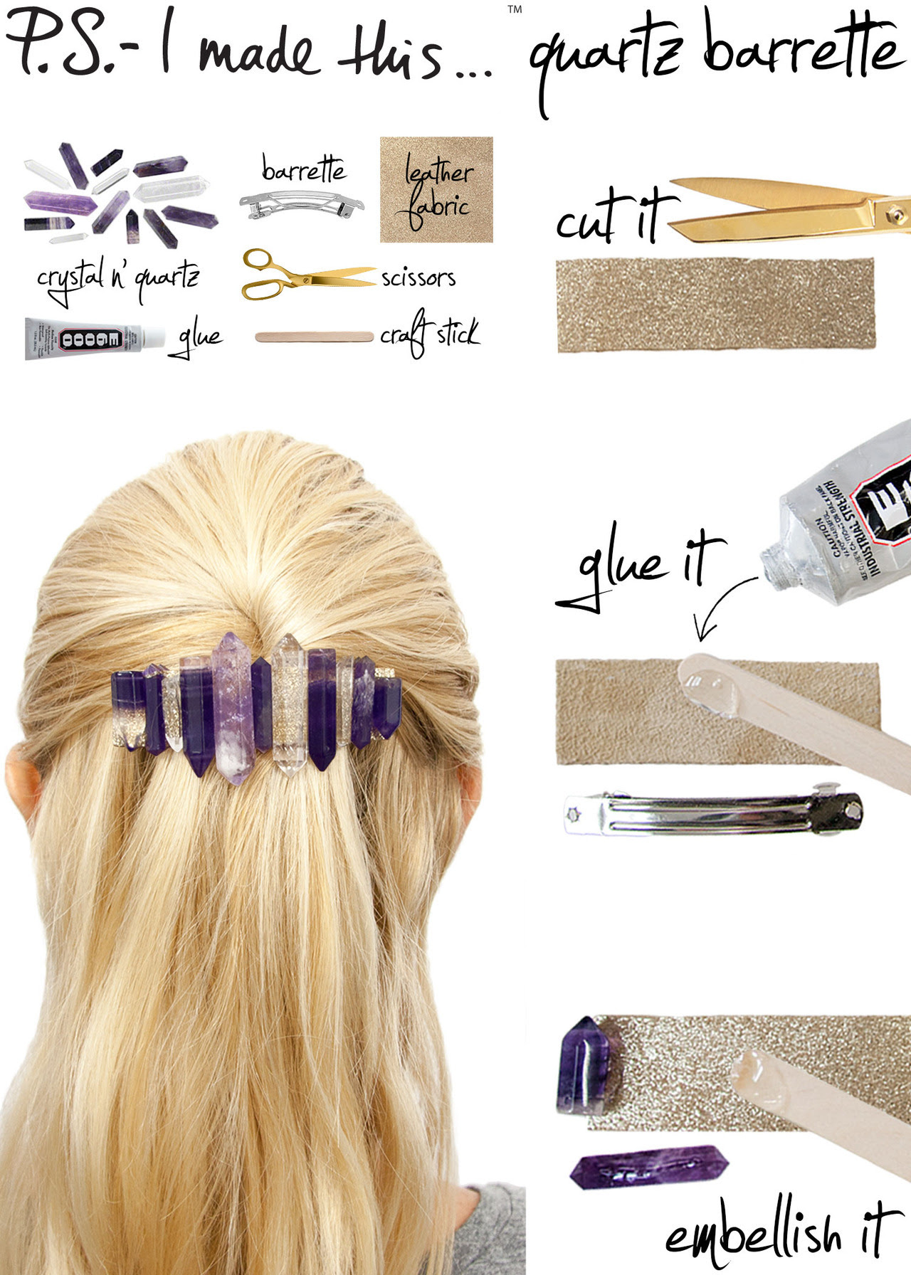 
If we’ve got one tip to offer up for your Fall accessory collection…make sure it ROCKS. Chanel had an all-out crystal ball with its Fall 2012 collection, as Karl Lagerfeld decked heels, cuffs, hems and even eyebrows with brilliant moonstones & rocky gems.  Fuse abstract amethyst, moody-hued quartz and shimmering fluorite to create a bold yet (literally) precious D.I.Y. hair accessory for a look that packs the power of Kryptonite both day and night. 


To create:  Cut a rectangular piece of leather (or leather-like) fabric to the approximate size of your barrette. Glue the backside of the fabric piece to your barrette with extra-strength glue - we used E6000. To avoid excess glue and drips, use a craft stick. Finish by embellishing with an array of quartz and crystals. Let dry completely, then style for an instant eye-catcher.
