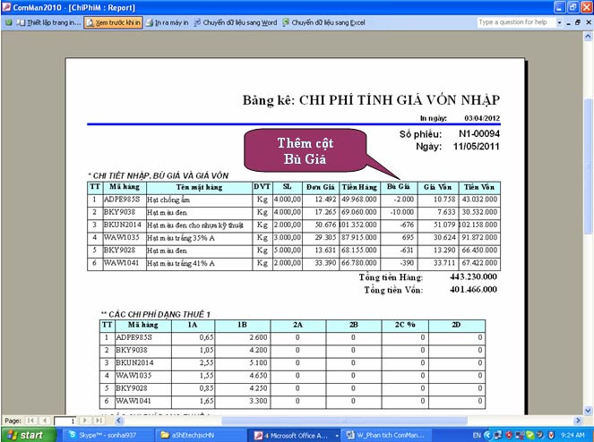 BuGia03 Report thống kê Thuế, Chi phí, Bù Giá... và Giá Mua, Giá Vốn.