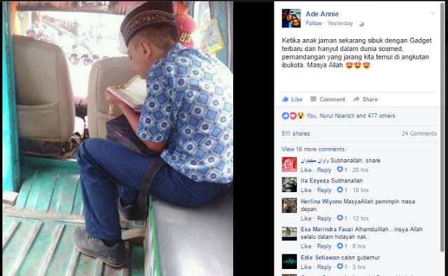 Foto Pelajar Baca Al Quran Dalam Angkot, Jadi Viral di Facebook