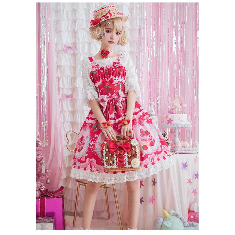 たっぷりいちご柄 ジャンパースカート ジャンスカのみ販売 レース Jsk 甘ロリ ジャンパースカート 姫ロリ ゴシック ロリータ服 フリル お茶会 ロリータ レース Loli1198 Luxury ラグジュアリ リボン
