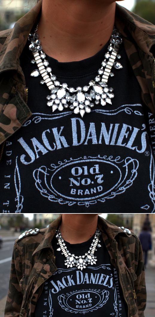 LE FASHION BLOG BE FRASSY JEWELED STUDDEDCAMO JACKET CHUNKY JEWELED NECKLACE VINTAGE JACK DANIELS TEE TSHIRT