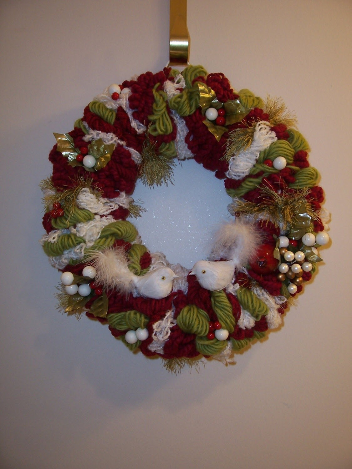 Dark Red, White and Olive Green Yarn Wreath with Ornaments and Birds