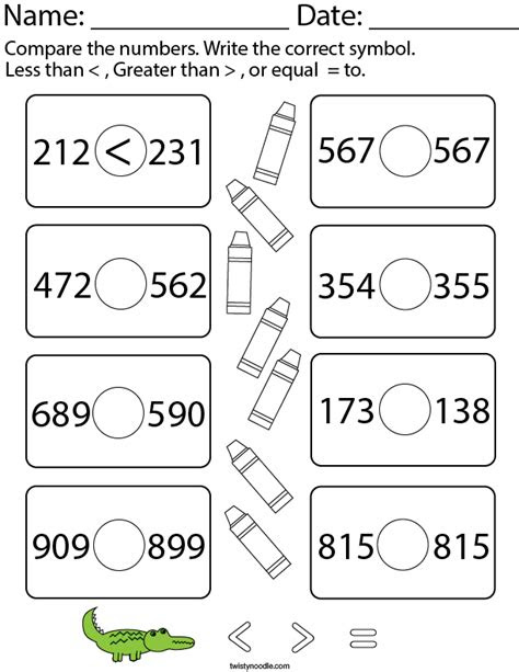  less than greater than equal to 3 digit numbers math worksheet