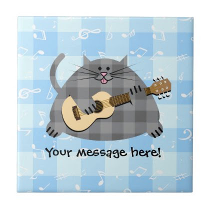 Fat Checkered Country Kitty Cat Acoustic Guitar Ceramic Tile