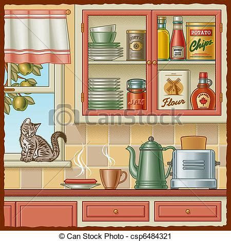 retro cocina windowsill estilo vector woodcut