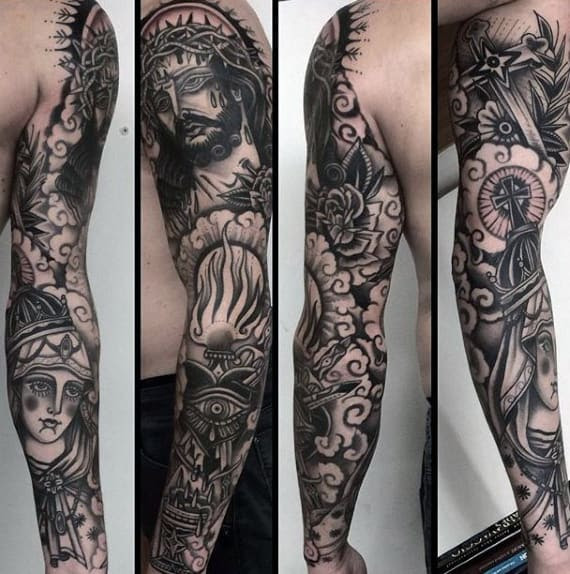 75 Religious Sleeve Tattoos For Men - Divine Spirit Designs
