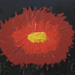 painting titled "Nebula" by Chris Drake. This painting has three uneven/edgy concentric circles. The outermost is red, the one inside is bright red, and the innermost is yellow.