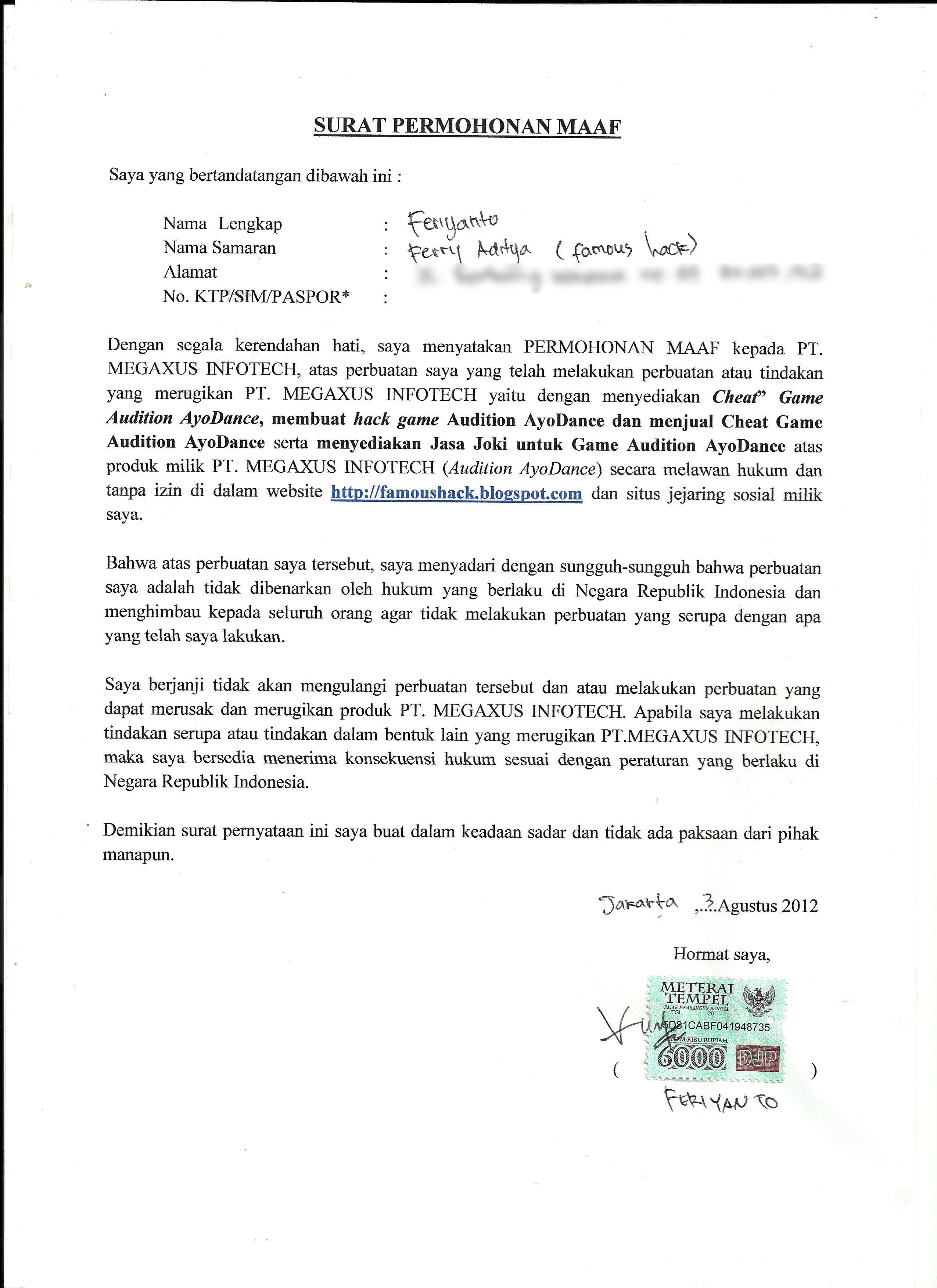 Surat Permintaan Maaf Feriyanto untuk AyoDance - Audition 