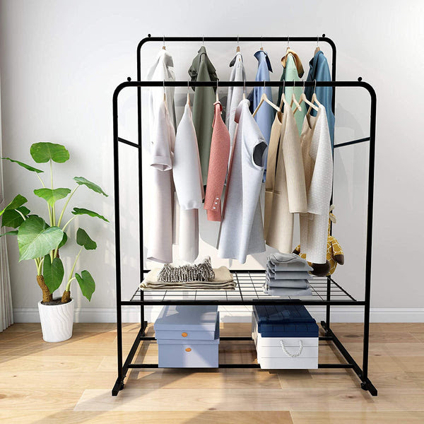Double Rail Clothes Rack Metal Garment Rack With 2 Tier Bottom Shelves Vibe Inc