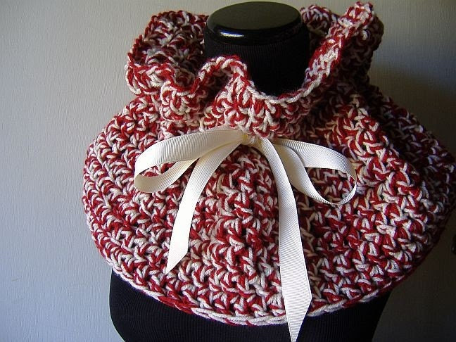 Free Shipping Americana  Cowl in Red White with Ivory Ribbon