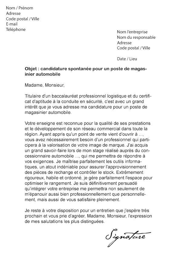 Lettre de motivation Magasinier Automobile - Modèle de Lettre