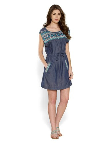 Monsoon Womens Chambala Chambray Embroidered Dress Size Medium Blue