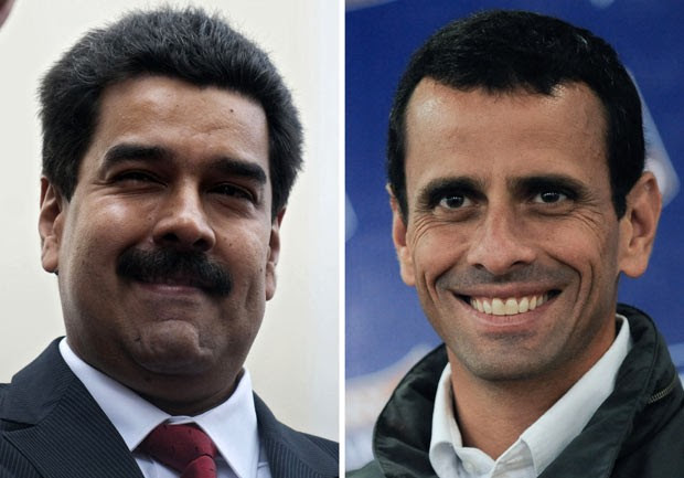 O presidente interino da Venezuela, Nicolás Maduro, e o candidato oposicionista Henrique Capriles (Foto: AFP)